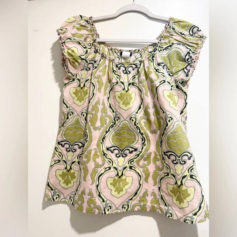J.Crew Green & Pink Printed Smocked Top – Size S – 100% Cotton